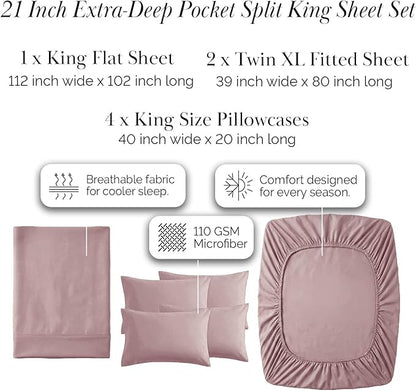 Southshore Fine Living, Inc. 7-Pc Split King Sheet Set, 21-Inch Deep Pocket Sheets for Adjustable Bed, Split King Fitted Sheets, Microfiber Sheet Set, Lavender Pillow Cases, Lavender Bedding
