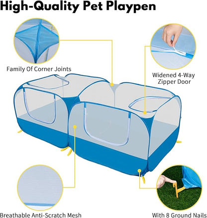 Small Animals Playpen with Detachable Bottom, Breathable Mesh Walls, Portable Indoor/Outdoor Pet Cage Tent for Rabbits, Puppies, Kittens, Chicks (Blue)