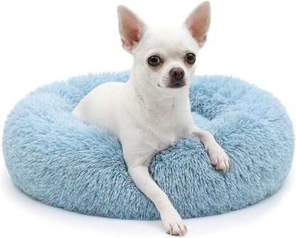 Calming Donut Dogs Beds for Small Dogs Washable,19inch Fluffy Round Puppy Bed for Puppies,Cats & Toy Breeds with Raised Rim,Fits up to 15 lbs Pets,Washed Blue