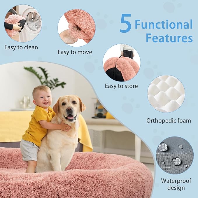 Human Dog Bed, 71''x45''x12'' Size Fits People and Pet 10 CM Thick Memory Foam Washable Adult Large Bed Giant Oversize Foldable Dog Bed with Plump Pillow, Blanket, Strap - Pink