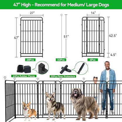 Kfvigoho Heavy Duty Dog Playpen: 32 Steel Panels 47" Height, Square Steel Pipe with Reinforced Crossbars, 71FT 406 Sq.ft Portable Fence for Yard RV Camping, Snowy Black