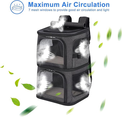 2-in-1 Double Pet Carrier Backpack for Small Cats and Dogs, Portable Pet Travel Carrier, Super Ventilated Design, Ideal for Traveling/Hiking/Camping, Black