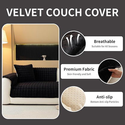 Velvet Couch Cover, Plush Sectional Sofa Cover Washable, Anti Slip Sofa Slipcover for 2-3 Cushion Sofas, Furniture Protector Covers for Pets & Kids(1PC, Black, 35.4"×63", Loveseat)
