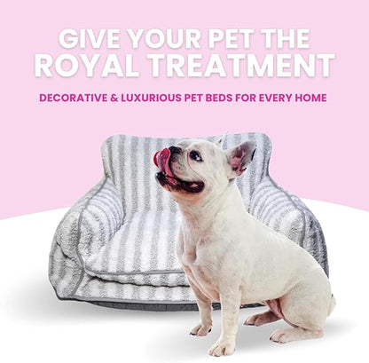 Glow Pups Dog Bed Cozy Sofa, Striped Pattern Cat Bed with Soft Faux Lambswool Cushion, Machine Washable Cotton Blend, Three-Sided Design, Grey/White, Medium 25.6" X 15.75" X 11.81"