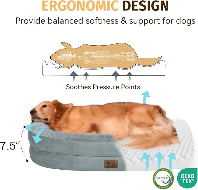 Orthopedic Dog Bed for Extra Large Dogs, XL Waterproof Dog Bed with Bolsters, Supportive Egg Crate Foam Pet Couch Bed with Removable Washable Cover & Non-Slip Bottom, Grey