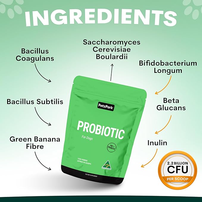 Petz Park Dog Probiotic 45 Scoops, Probiotics for Dogs Powder, Gut Health Supplement for Dogs, Paw Licking and Digestive Support, Dog Food Topper Made in Australia