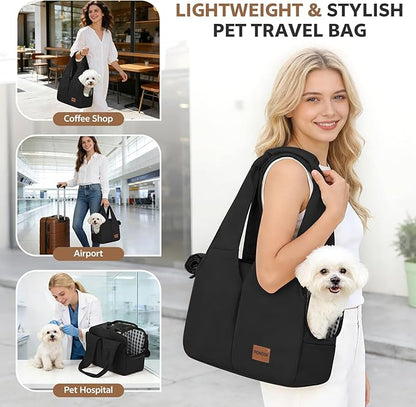 Dog Purse Carrier for Small Dogs and Cats, Soft-Sided Pet Tote Bag with 6 Large Pockets, Collapsible Travel Puppy Carrier, Fits Pets up to 13 lbs (Black, 15.7" L x 8" W x 11.8" H)
