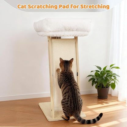 27.5" Cat Scratching Post, 3-in-1 Multifunctional Natural Pine Wood Cat Furniture, Tall Scratch Posts with Perch&Scratcher, Boxed with Hanging Bell Toy, Medium