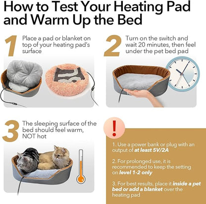 USB Pet Heating Pad with Washable Cover, 5-Temp & Timer – Turn Any Bed Heated, 140°F Auto Shut-Off, 5V Safe Warmer for Cats & Dogs Indoor/Outdoor, Power Bank/Wall/Car Powered (12"x12")