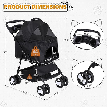 4 Wheels Dog Stroller with Detachable Carrier Folding Pet Strolling Cart for Small Medium Cats Puppies with Storage Basket Cup Holder, Black