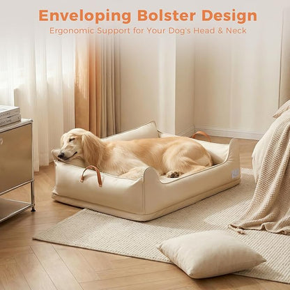 Removable Orthopedic Dog Beds for Large Dogs, Leather Memory Foam Dog Sofa Bed, Waterproof Durable Dogs Bed Couch with Non Skid Bottom for All Pet Sizes (Beige, Large)