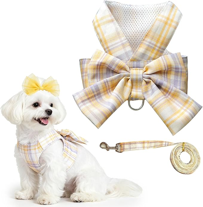 Cute Dog Harness and Leash Set with Bow Tie Soft Mesh Plaid Girl Puppy Harness No Pull Pet Cat Dog Vest Harness for Small Dogs Chihuahua Rabbit Outfit (Yellow,XXL)
