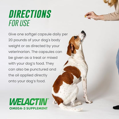 Nutramax Welactin Canine Softgels, Omega 3 Supplement for Dogs, Softgels, 120 Count (Pack of 3)
