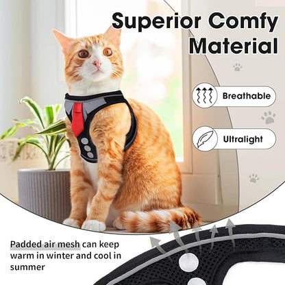 Cat Harness and Leash Set for Walking Escape Proof, Soft Adjustable Kitten Harness Breathable Mesh with Reflective Strips Harness for Kitty Puppy Bunny (Black, Small)