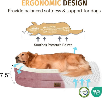 Orthopedic Dog Bed for Large Dogs, Waterproof Dog Bed for Large Size Dogs with Bolsters, Egg Crate Foam Sofa Bed with Washable Removable Cover & Non-Slip Bottom, Pink