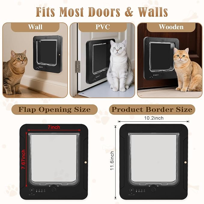 Smart Cat Door for Interior & Exterior, Flap Opening is 7.67’’ (H) by 7'' (W), RFID Cat Pet Door with 3 RFID Collar Sensor Keys & 1 Remote & 4 Way Locking Cat Flap, Automatic Opening Cat Door (Black)