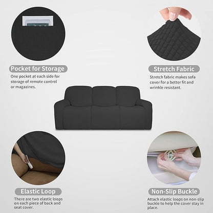 Easy-Going 100% Dual Waterproof Recliner Sofa Cover, 8-Pieces Stretch Relining Couch Cover with Pocket, Jacquard 3 Seat Sofa Slipcover Leakproof Washable (Sofa, Dark Gray)