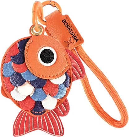 Leather Keychain Holder Case Compatible with AirTag,Cute Protective Cover with Keyring and Lanyard,Anti-Scratch Finder GPS Tracker Case for Wallet Keys,Bag,Pets,Backpack(Red Fish)