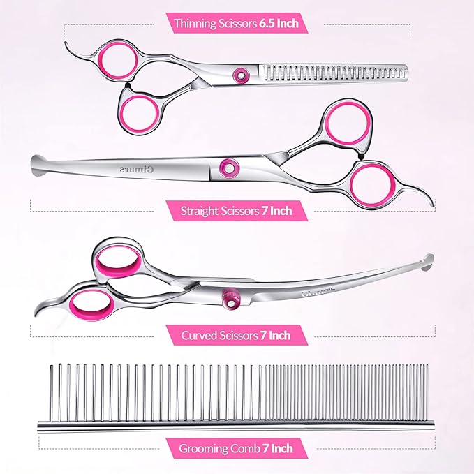 Gimars Dog Grooming Scissors Kit Professional 4CR with Safety Round Tip, 5 in 1 Heavy Duty Titanium Coated Thinning & Curved & Straight Shears