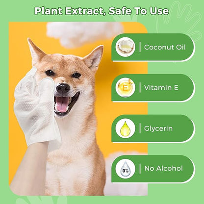 Vannon Extra Thick Pet Bathing Wipes for Dogs & Cats, Cleaning & Odor-Controlling Grooming Gloves, Nourish Fur Glove Wipes for Daily Care and Traveling, Rinse Free, Coconut Scent, 4 Pack, 24 PCS