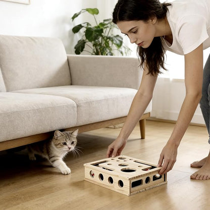 Cat Scratch Puzzle Enrichment Box, Large Solid Wood Construction Cat Nail File Enrichment Box with Sandpaper Inside, Indoor Cat Clipper No Pressure Substitute, Interactive Maze Toy