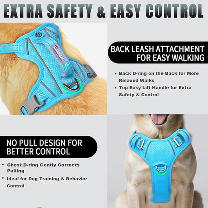 BARKBAY No Pull Dog Harness Large Reflective Dog Harness with Front Clip and Easy Control Handle for Walking Training Running with ID tag Pocket(Blue,L)
