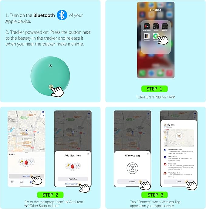 Cat Tracker, GPS Pet Tracker for Cats (Only iOS), Leather Cat Collar with Tracker, Works with Any Collar, No Monthly Fee, Compatible with Apple Find My App not for Android (Blue)