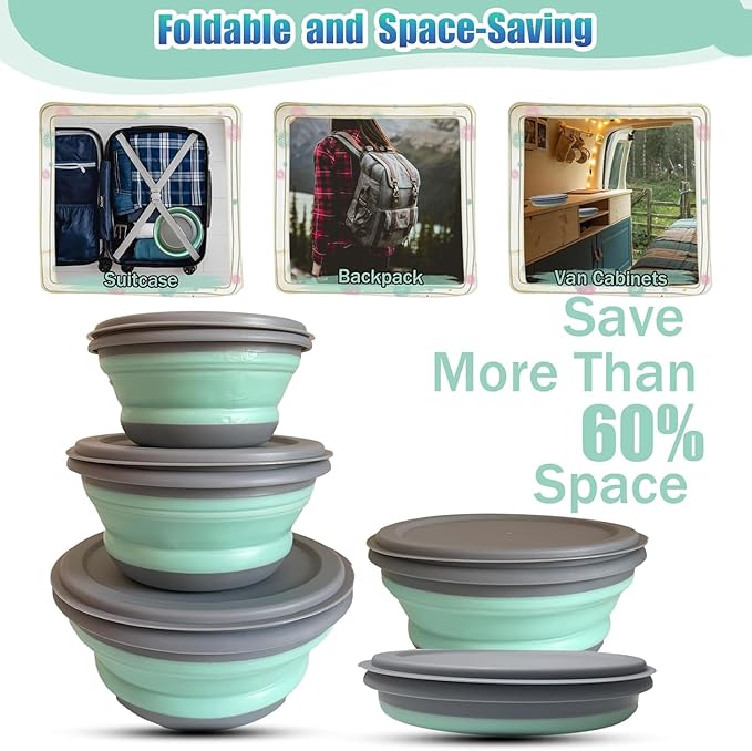 RMAMSCOV Collapsible Camping Bowl with Lid, Silicone Salad Bowl Serving, Microwave Foldable Soup Ramen Expandable Plates for Travel, Picnic, Rv(Blue New with Kinfe)