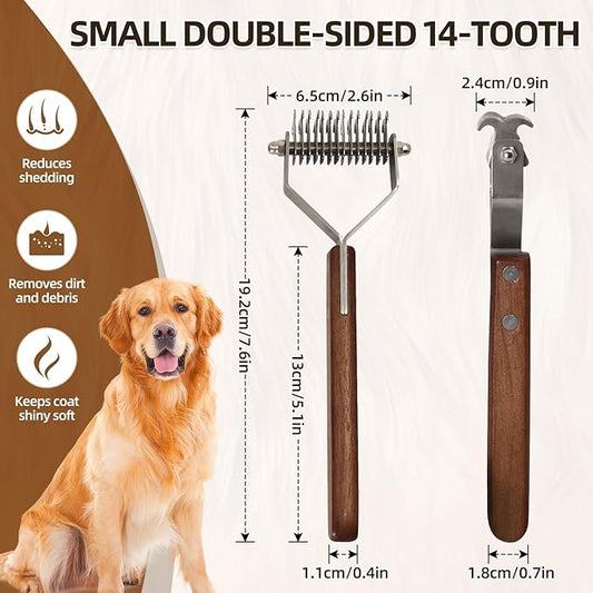 Large 2-Sided Undercoat Rake for Dogs and Cats，Professional Pet Grooming Shedding Tool Combs for animals，Stainless Steel with Wooden Handle for Thick Coats(14-Blades)