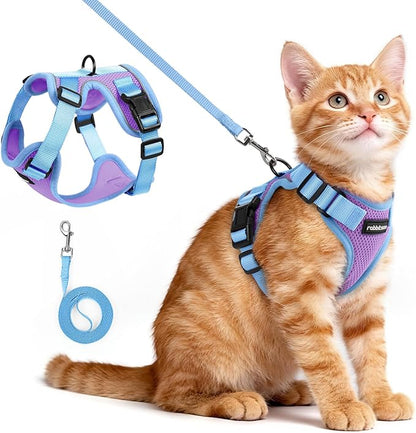 rabbitgoo Cat Harness and Leash Set, Escape Proof Soft Adjustable Vest Harnesses for Outdoor Walking, Easy Control Breathable Kitten Jacket with Reflective Strips, Purple & Blue, XS
