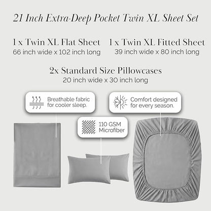 Southshore Fine Living, Inc. 4-Piece Twin XL Sheets Set Premium Bedding, 21-Inch Twin XL Sheets Deep Pockets, Deep Pocket Fitted Sheet, Grey Pillow Cases Standard Size Set of 2, Steel Grey Bedding