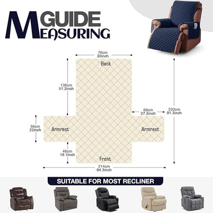 KinCam 100% Waterproof Recliner Chair Cover, Reclining Couch Covers for Pets, Dogs, Recliner Couch Slipcover Furniture Protector with Elastic Straps for Kids(30", Dark Blue)