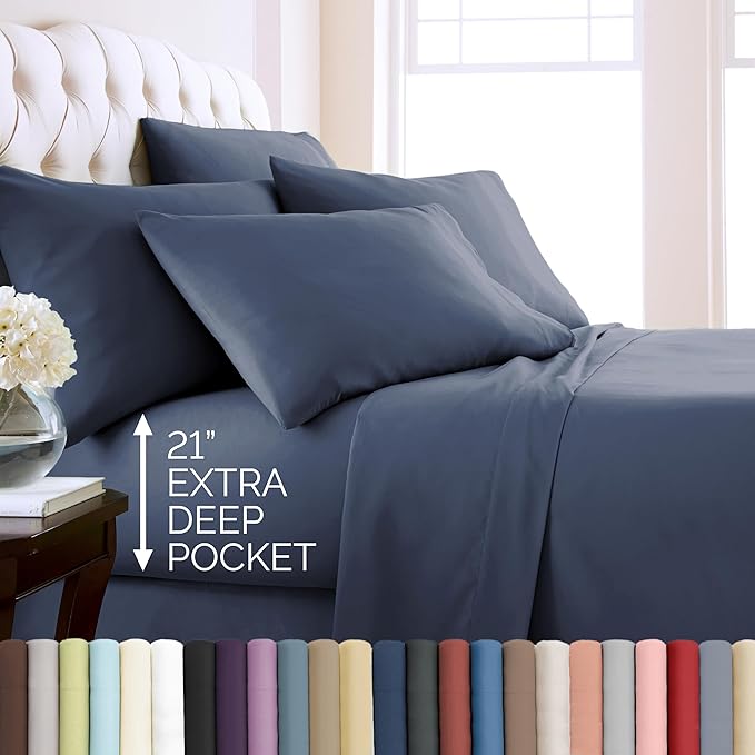 Southshore Fine Living, Inc. Extra Deep Pocket Full Size Sheets Set, 6-Piece Ultra-Soft Microfiber Bed Sheets with 21" Deep Fitted Sheet Full, Oversize Flat Sheet, 4 Standard Pillowcases, Dark Blue