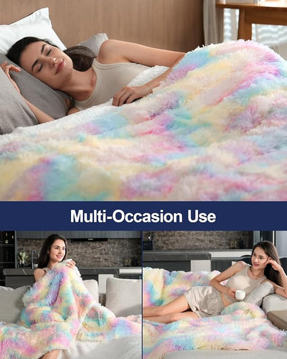 Pawque Faux Fur Sherpa Fleece Blanket Twin Size Rainbow - Fluffy Warm Plush Blankets for Bed, Cozy Thick Lightweight Reversible Decor for Winter Sofa Couch, 60x80 inches