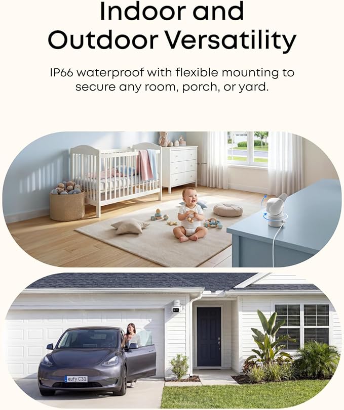 eufy Security Wired Camera C31, Indoor/Outdoor Camera, IP66, 360° Coverage with Pan&Tilt, 24/7 Recording, Auto Tracking, No Subscription, Color Night Vision, AI Human/Vehicle/Pet/Cry Detection