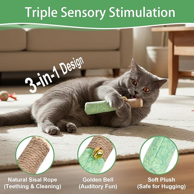 Catnip Toys for Indoor Cats, 3 Pack Funny Cat Chew Toy for Kitten Teething, Soft & Durable Cat Kicker Toys with Dental Rope & Fun Bell, Interactive Organic Cat Nip Toys to Relieve Boredom & Anxiety