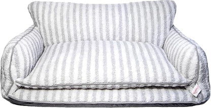 Glow Pups Dog Bed Cozy Sofa, Striped Pattern Cat Bed with Soft Faux Lambswool Cushion, Machine Washable Cotton Blend, Three-Sided Design, Grey/White, Medium 25.6" X 15.75" X 11.81"