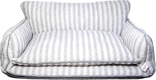 Glow Pups Dog Bed Cozy Sofa, Striped Pattern Cat Bed with Soft Faux Lambswool Cushion, Machine Washable Cotton Blend, Three-Sided Design, Grey/White, Medium 25.6" X 15.75" X 11.81"