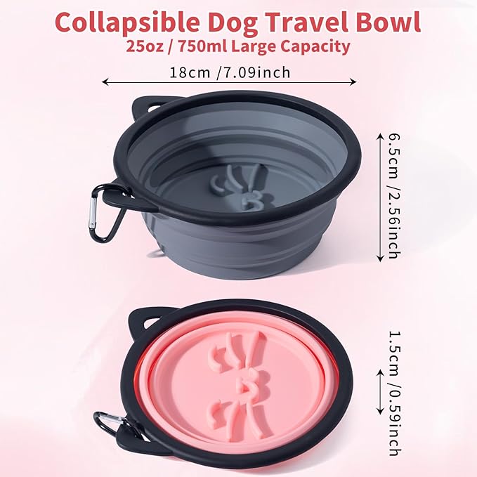 2Pack Silicone Collapsible Dog Bowls, Cute Pet Ear Shape and Cat Graphic Travel Water Bowl Full of Pet Atmosphere 25oz Portable Feeder for Small Large Dog Walking Hiking Camping (Pink and Grey)