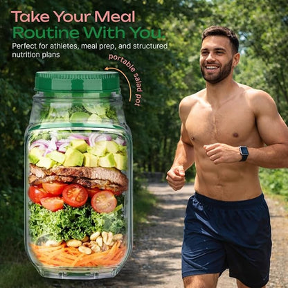 Salad Jar With Side Opening with Leakproof Dressing Compartment, Portable Container, Home, Office, Travel, Outdoor Salad Container for Lunch