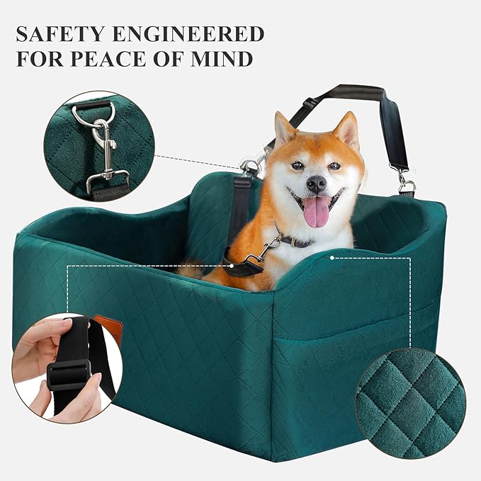 Lealchum Dog Car Seat for Medium/Large Dogs,2 Clip-On Safety Leashs for 2 Small Dogs,Removable and Washable Comfy Pet Car Seat,Easy to Install and Clean (Green, Large)