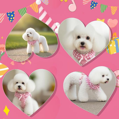 EXPAWLORER Cute Dog Harness Collar Leash Set - Pink Girl Dog Harness Checkered Step-in Design, Detachable Bow Pet Collar, Adjustable No-Choke Lightweight Mesh Vest for Small Medium Dogs, M