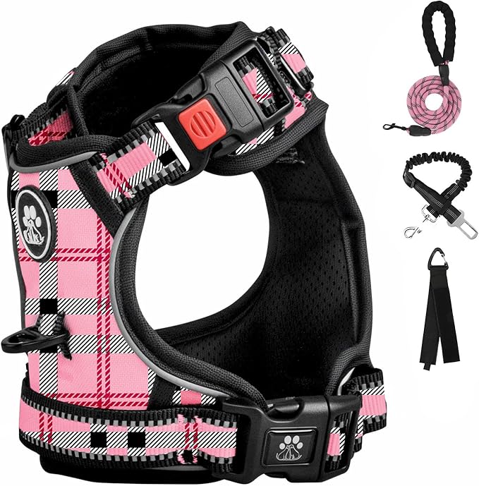 FURRYFECTION Plaid Dog Harness for Medium Dogs, Reflective No Pull Adjustable Pet Vest with Front Clip, Leash, Easy Control Handle and Seat Belt, Pink&Black, M