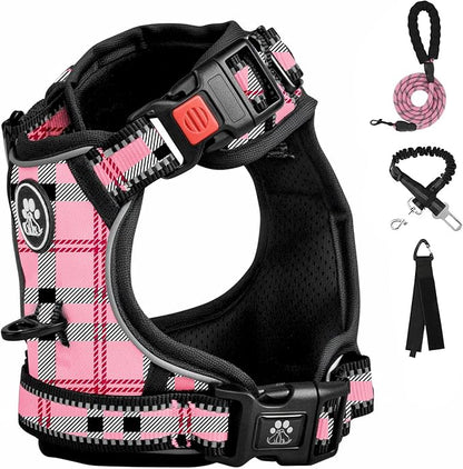 FURRYFECTION Plaid Dog Harness for Medium Dogs, Reflective No Pull Adjustable Pet Vest with Front Clip, Leash, Easy Control Handle and Seat Belt, Pink&Black, M