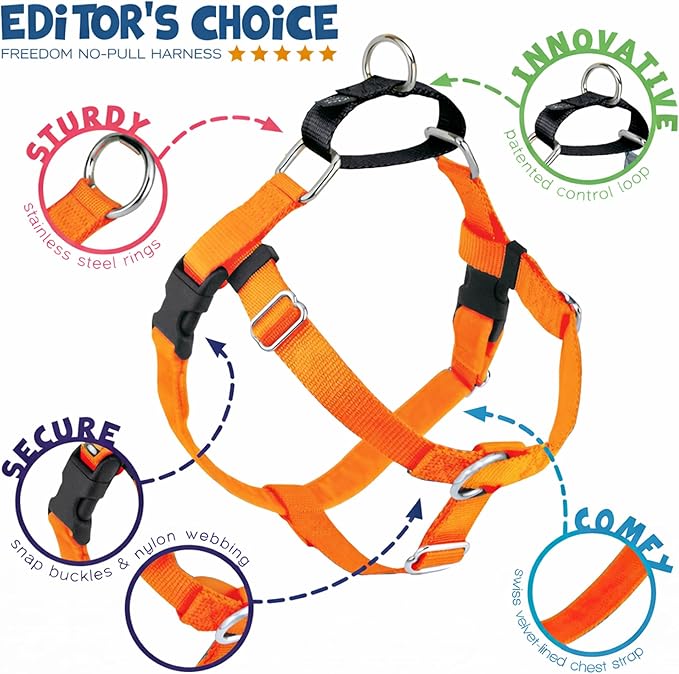 2 Hounds Design Freedom No Pull Dog Harness, Adjustable Harness and Leash Set, Easy Walking & Comfortable Control, Fits Small, Medium & Large Dogs, Solid Colors, Made in USA, 5/8" XS, Neon Orange