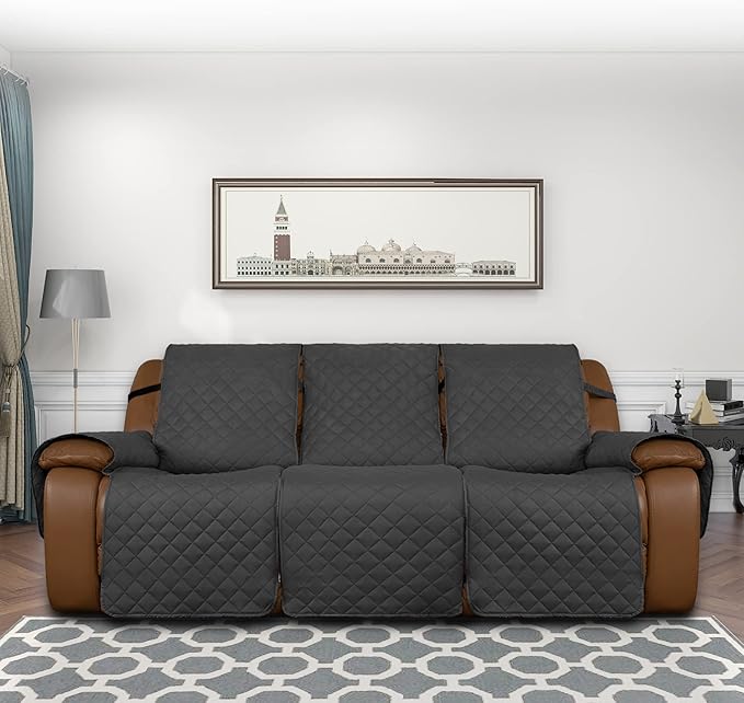 Easy-Going Oversized Recliner Sofa Cover, Reversible Couch Cover for 3 Seat Recliner, Split Sofa Cover for Each Seat with Elastic Straps for Kids, Dogs, Pets (3 Seater, Dark Gray/Dark Gray)