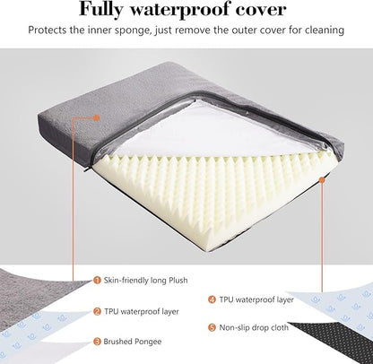 Waterproof Dog Beds for Large and Extra Large Dogs - Orthopedic Washable Crate Pad 44 inch, XL-Plus Egg Crate Foam Pet Bed Mat with Removable Cover, Anti-Slip Kennel Pad, 44''×32'', Grey