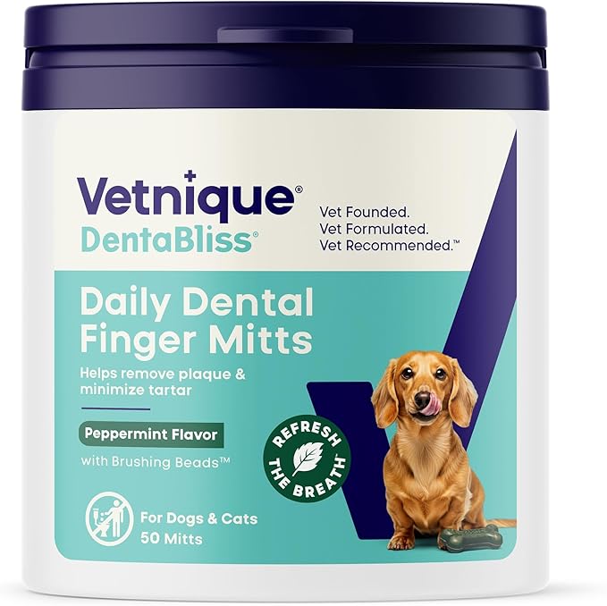 Vetnique Dentabliss - Dog Teeth Cleaning Finger Mitt Dental Wipe - Dog Plaque and Tartar Prevention with Brushing Beads - Convenient Dog Teeth Wipes with Peppermint, Dog Breath Freshener