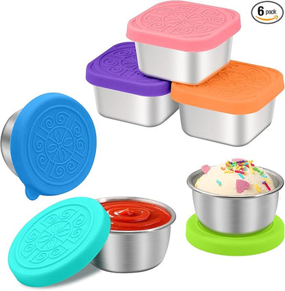 LIEMAND 6PCS Salad Dressing Container to Go, Leakproof Reusable Stainless Steel small container with lid,Sauce Containers for Lunch box,Picnics,Travel,Office and Meal Prep-1.6+2.7 Sets