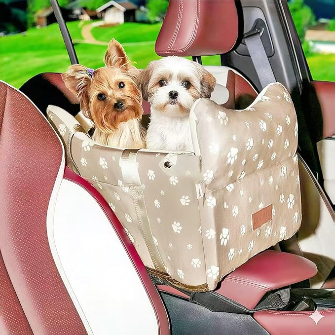 Dog Car Seat for Console - Memory Foam Pet Booster Seat for Small Medium Dogs Up to 21 lbs - SUV Truck Center Console Dog Seat with Safety Leash & Storage Pockets - Washable Cover (Large Khaki)